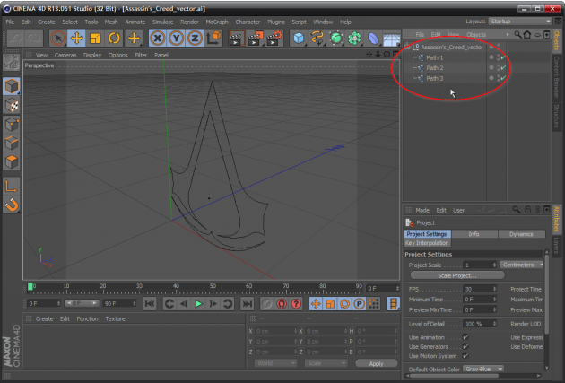 Object and paths have been imported in Cinema 4D