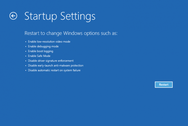 Boot menu in Windows 8 and 10: Startup Settings