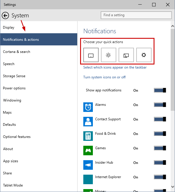settings > quick actions