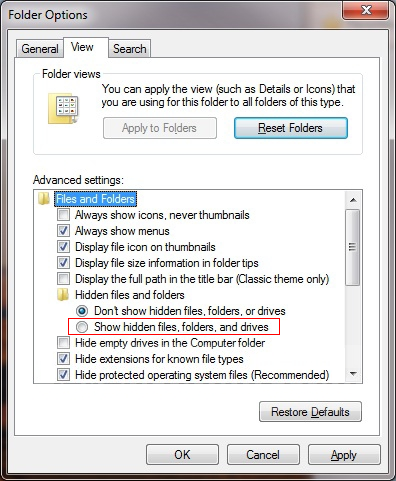 Show Hidden Files and Folders in Windows 7 Screenshot