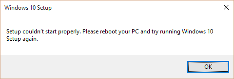 "Setup couldn't start properly" error message
