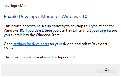 Enabling Developer Mode in Windows 10 Screenshot 1