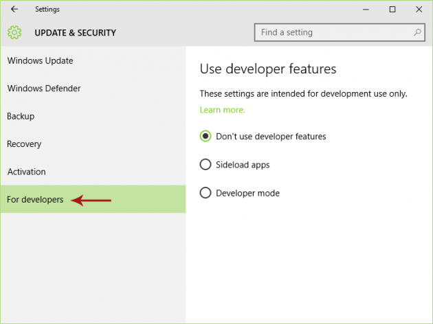 Enabling Developer Mode in Windows 10 Screenshot 4