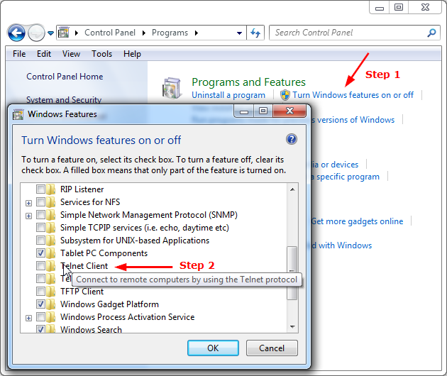 Turn windows features on or off