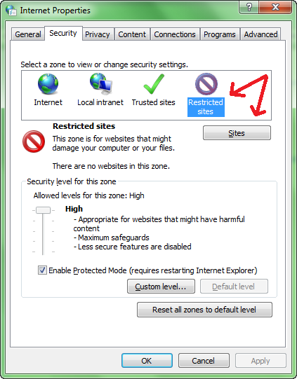 Internet Options - Security tab