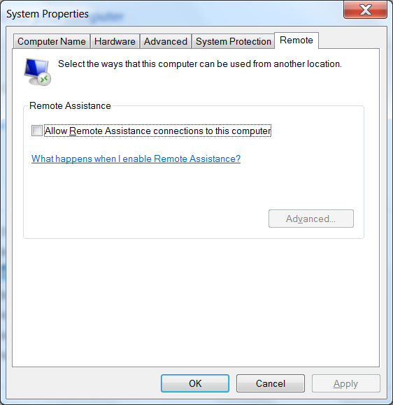 remote assistance cehckbox