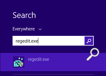 regedit.exe in Windows 8.1 Search box