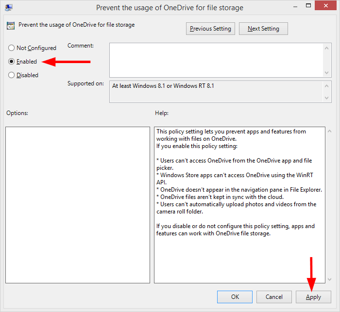 prevent the usage of onedrive for file storage