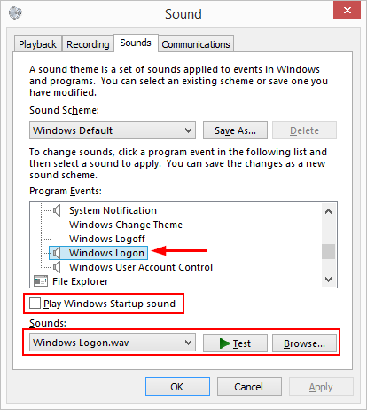 sounds > windows logon enabled in Windows 8