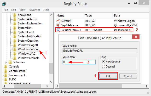 registru editor > logon