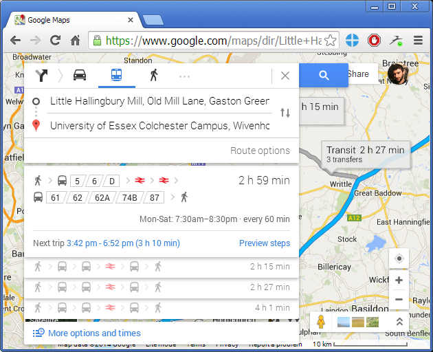 Taking the bus from Little Hallingbury Mill to University of Essex