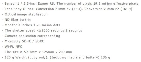 Specs of Sony's new selfie camera