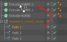 Drag and drop each path into an Extrude NURBS object